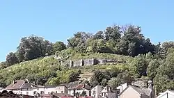 Vestiges d'un château médiéval sur une colline boisée avec la ville en premier plan.
