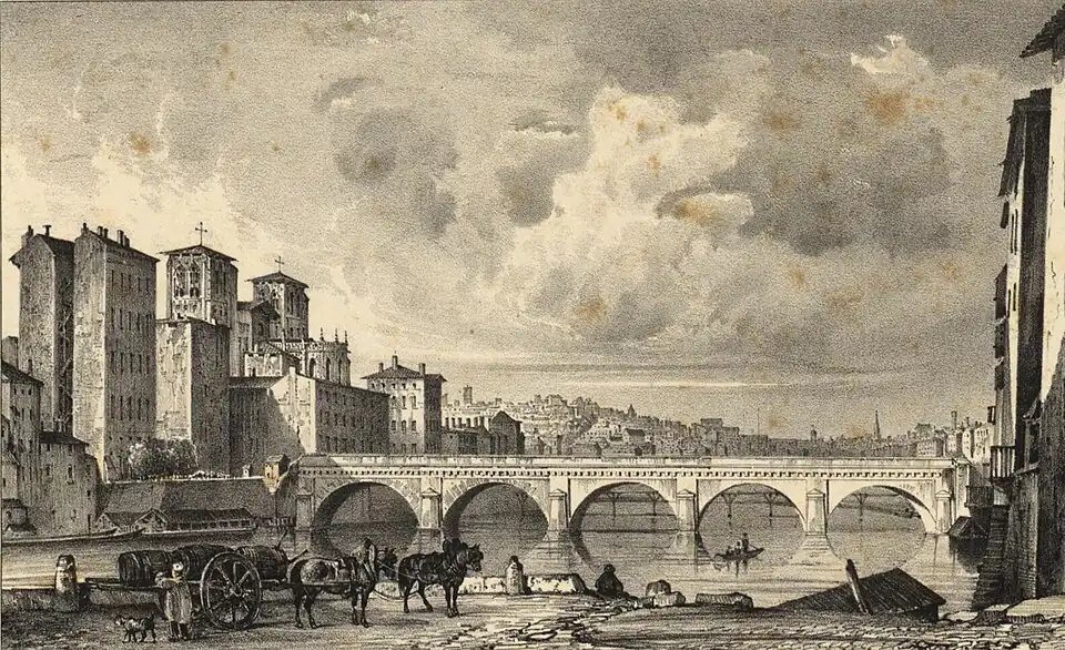 Estampe représentant le pont Tilsitt en 1833.