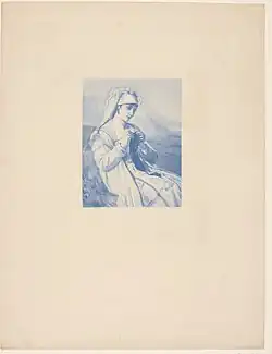 Jeune fille tricotant dans un paysage, gravure d'après Jean-François Portaels.