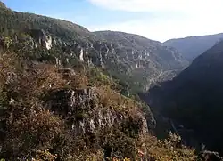 Les gorges de la Jonte vues depuis le roc Saint-Gervais. Toute la partie à gauche de la vallée est située sur la commune de Hures-la-Parade.
