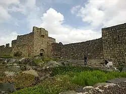 panorama, talus vert et haut mur de pierre