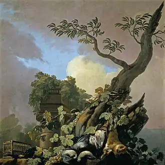 Bodegón de caza, aves y liebre, huile sur toile, 134 × 134 cm (1774).