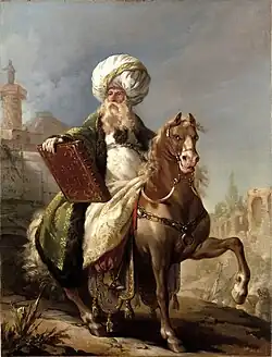 Portrait équestre de Michel-Barthélemy Hazon en costume de mufti turc, par Joseph-Marie Vien. Le costume fut porté par Hazon lors de sa participation à la mascarade de 1748.
