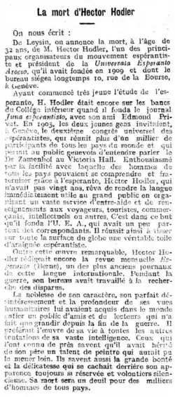 Article du 2 avril 1920 dans le Journal de Genève, annonçant la mort d’Hector Hodler.