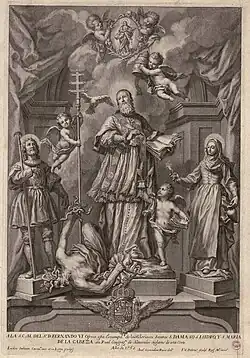 San Dámaso, papa con San Isidro y santa María de la Cabeza (1753, Bibliothèque nationale d'Espagne).