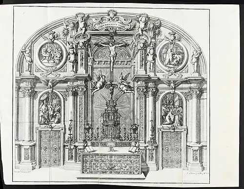 Retablo de la Santa Forma en la Sacristía del Monasterio de El Escorial (1764, ill. de la Descripción del Real Monasterio de San Lorenzo del Escorial de Francisco de los Santos, 1764).