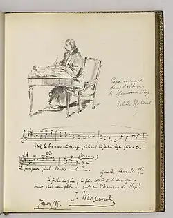 Extrait de partition notée de l'opéra "Manon" avec les paroles "Mais le bonheur est passager, et le ciel l'a fait si léger qu'on a toujours peur qu'il s'envole.", composé par Jules Massenet. La partition est accompagné d'un mot de Massenet et d'un dessin de sa fille, Juliette Massenet, le représentant assis à un bureau en train d'écrire dans le Livre d'or de Stop. La légende "Papa écrivant dans l'album de Monsieur Stop" figure à côté du dessin.