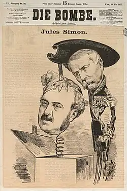 Caricature de presse représentant un homme en uniforme militaire coiffé d'un chapeau ecclésiastique appuyant sur la tête d'un homme sortie de la boîte d'un diable à ressort.