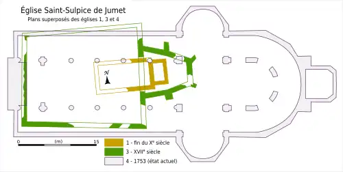 Plan au sol des églises du dixième, du douzième et de l'église actuelle depuis 1753.
