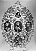 Nawabs de Junâgadh et fonctionnaires de l'État, XIXe siècle. En haut : Mohammad Mahabat Khanji II, au centre : Mohammad Bahadur Khanji III, en bas : Mohammad Rasul Khanji, à gauche : personnage non identifié et à droite : le vizir Bahaduddinbhai Hasainbhai