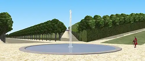 Vue restituée depuis le bassin du bout de l'allée basse, en regardant l'allée qui mène aux Grottes, XVIIe siècle.