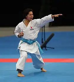 Emiri Iwamoto lors de l'épreuve de kata individuel féminin à la Karate1 Premier League Berlin 2018.