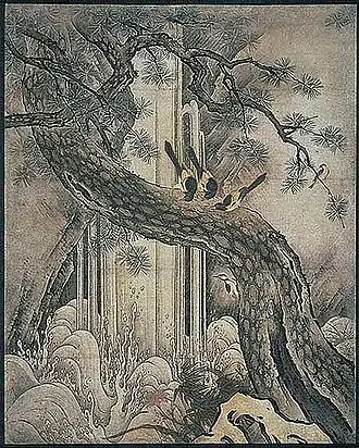 Fleurs et oiseaux des quatre saisons, série des 8 rouleaux verticaux peints par Kanō Motonobu pour le Daisen-in de Kyoto, v. 1513.