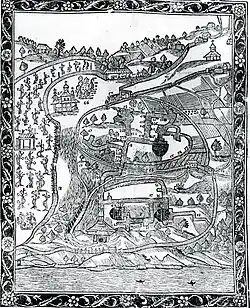 1638. Illustration de la Тератургіма (Teratourguima) d'Athanase Kalnofoïski, vue de la Laure de Petchersk.