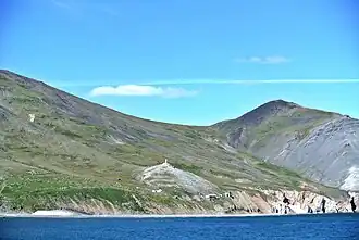 Vue sur le cap Dejnev (2014). On distingue au centre le monument en l'honneur de SImon Dejnev, situé sur un promontoire.