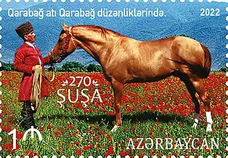 Timbre postal à motif de cheval roux tenu par un homme dans un champ de coquelicots
