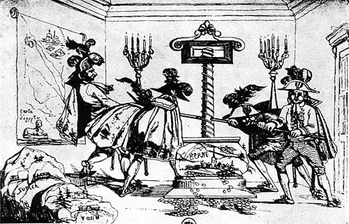 Caricature d'hommes politiques français se partageant le trésor de la Suisse.