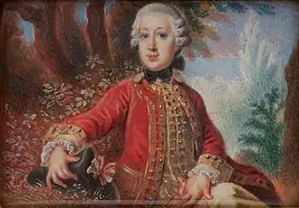 Charles Alexandre est représenté devant un fond coloré d'arbres et de buissons. L'artiste a mis en valeur son visage avec de grands yeux et des lèvres rouges pleines et brillantes.