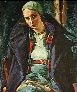 Portrait à l'huile d'une jeune femme assise.