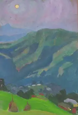 Peinture représentant un paysage vert et montagneux sous un soleil déclinant.