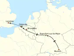 Carte montrant la trajectoire approximative du Junkers Ju 52 qui s'est écrasé le 16 novembre 1937 près d'Ostende, passant par Munich, Francfort-sur-le-Main, Bruxelles, Ostende et Londres.