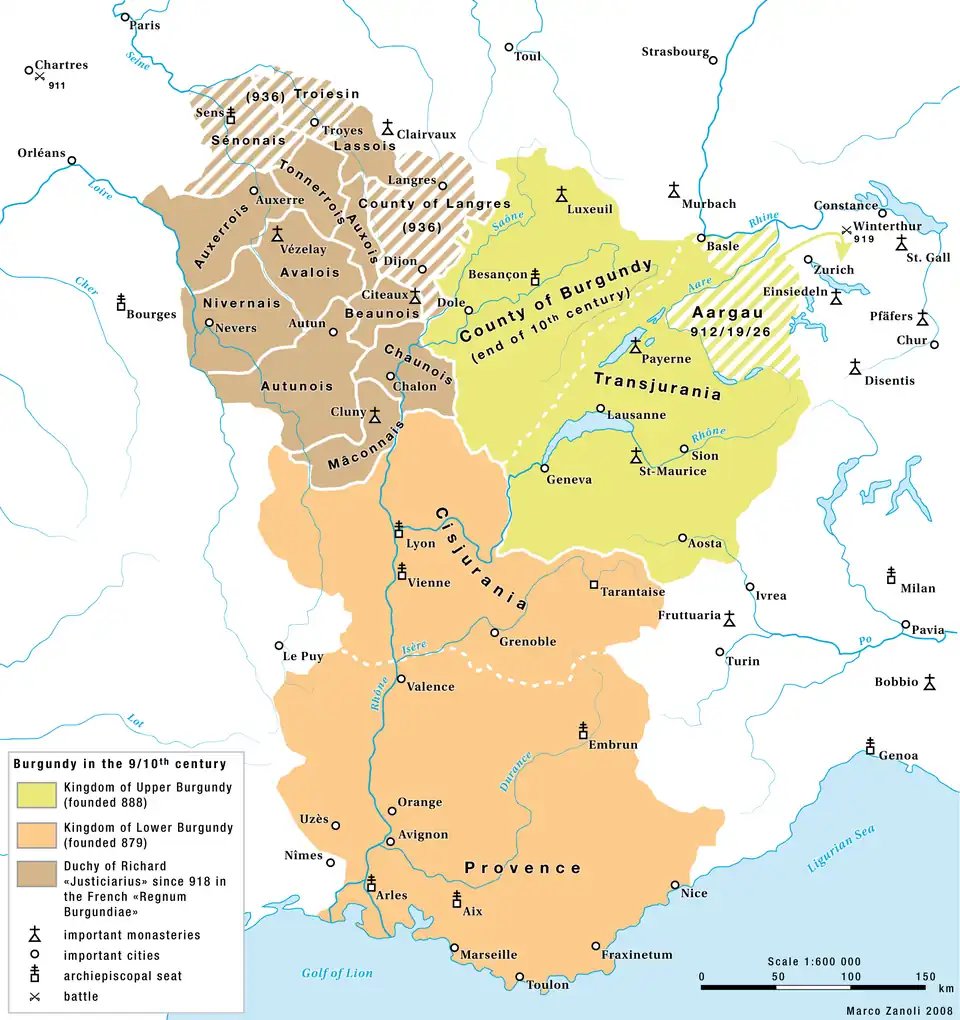 La Bourgogne au Xe&nbsp;siècle :- Le royaume de Basse-Bourgogne (en orange)- Le royaume de Haute Bourgogne (en vert)- Le duché de Bourgogne (en marron).
