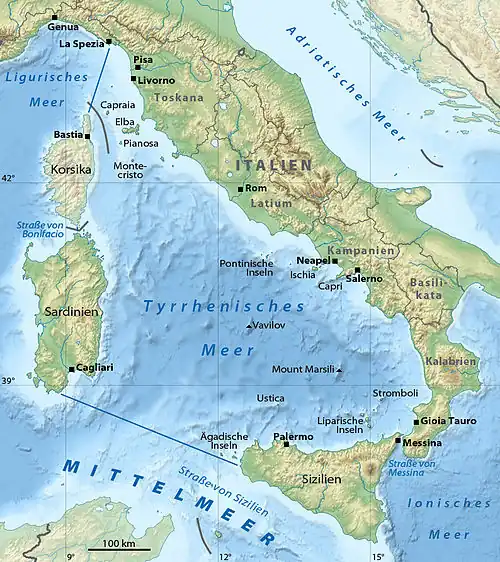 Carte de la mer Tyrrhénienne