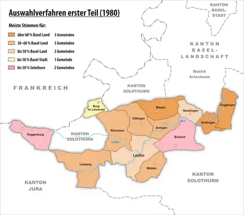 Carte du résultat de la première consultation populaire districal Laufonnaise du 13 janvier 1980.