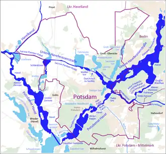 Carte montrant le tracé du canal Sacrow–Paretz et la Havel