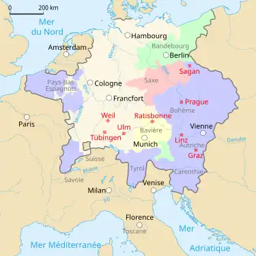 Lieux de séjour de Kepler.Weil der Stadt [né en 1571-1576], Tübingen [1589-1594], Graz [1594-1600], Prague [1600-1612], Linz [1612-1626], Ulm [1627], Sagan [1628-1630], Ratisbonne [mort en 1630].