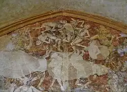 Photo plus nette que celles de la danse macabre. On voit les couleurs. L'arbre et les personnages se détachent en teintes claires sur un fond rouge.