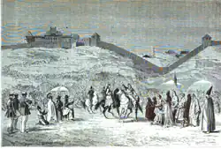 Dessin en noir et blanc montrant plusieurs cavaliers devant un château.