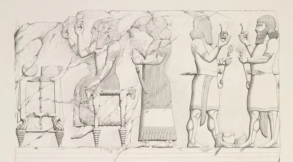 Bas-relief du palais de Khorsabad représentant un banquet à la cour. Copie par Eugène Flandin.