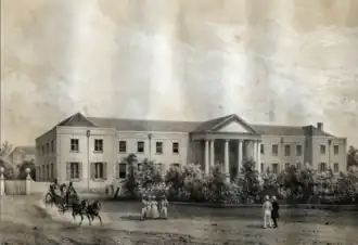 King's House, Spanish Town, lithographie d'après daguerréotype dans Daguerian Excursions in Jamaica, 1850.