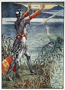 Bedivere jetant Excalibur à la Dame du Lac.Tableau de Walter Crane (1845).