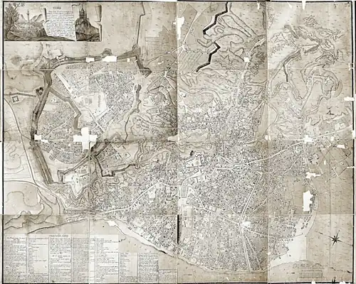 Plan de Kiev par Melensky en 1803 : la ville haute est enserrée dans ses fortifications et c'est la ville basse (Podil) qui concentre l'essentiel du développement urbain. La carte extrêmement précise permet de distinguer les bâtiments de bois, majoritaires, des bâtiments religieux ou officiels, en pierre.