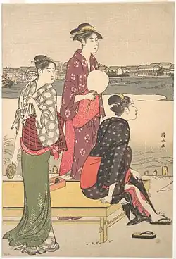 Illustration de trois Japonaises se délassant près d'une rivière