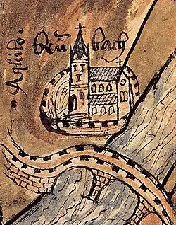 Dessin médiéval représentant une abbaye au bord d'un cours d'eau.