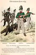 La Schwarze Schar brunswickoise, à gauche et derrière les soldats dans la version originale de type Litewka&nbsp;(de) de la jupe de polo, 1809