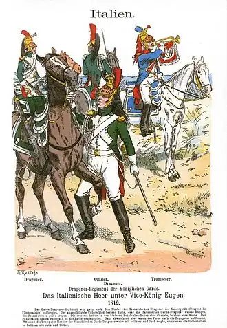 Des cavaliers italiens du XIXe&nbsp;siècle, dont un pied à terre.