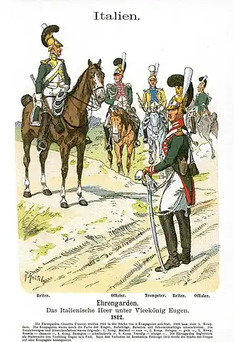 Des cavaliers italiens du XIXe&nbsp;siècle, dont un à pied.