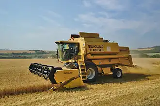 Moissonneuse-batteuse au cours d'une moisson dans un champ de blé.