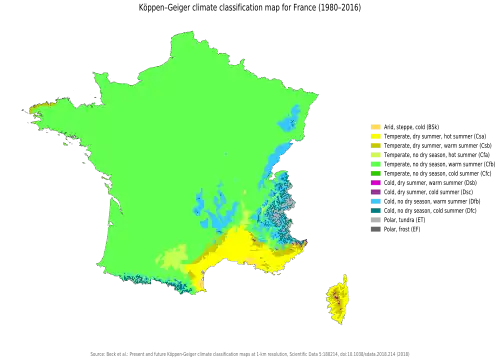 Classification Köppen–Geiger de la France sur la base des données 1980-2016.