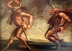 2 personnages portant épée, chapeau à aigrette et courte capes, dans un mouvement de danse