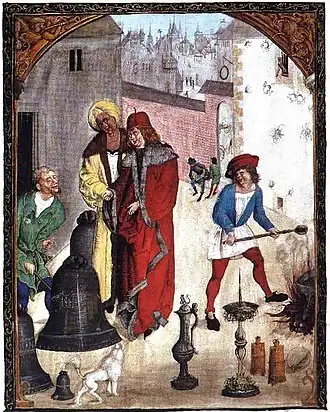 Le maître saintier était un fondeur de cloches itinérantalors que la maître campanier, établi dans un lieu fixe, possédait son propre four (Codex de Balthasar Behem).