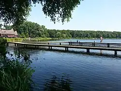 Plate-forme piétonne sur un lac avec promeneur et forêt en arrière-plan