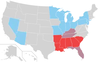 Implantations de White Castle aux États-Unis en 2008 (en bleu et en mauve). Les implantations de Krystal&nbsp;(en) sont en rouge et en mauve.