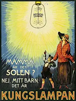 Affiche publicitaire de 1910. « Maman, est-ce le soleil? Non, mon enfant, c'est Kungslampan »