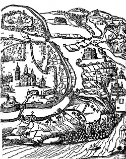 1638. Illustration de la Тератургіма (Teratourguima) d'Athanase Kalnofoïski, vue de la Laure de Petchersk. Ermitages autour de la Laure et jusqu'à Podil.