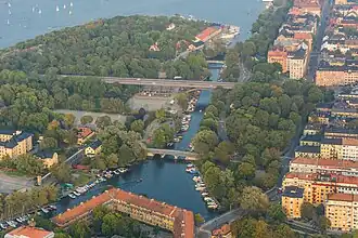 Vue aérienne sur Långholmen (à gauche) et Södermalm (à droite)